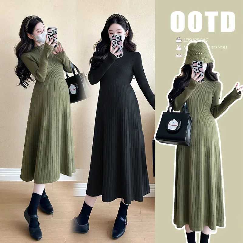 Fashionable Slimming Knit Maternity Dress 2024 Medium-length New Style Korean Version For Pregnant WomenT250311