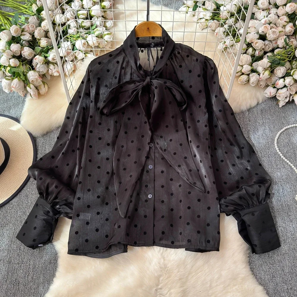 Spring Summer Women Vintage Lantern Long Sleeve Shirt Bow Lace Up Collar Polka Dot Print Loose Tops 250310