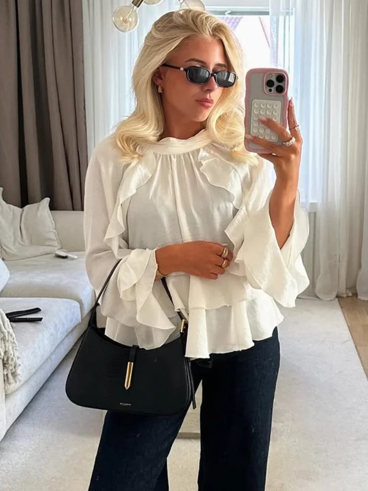 Elegant Long Puff Sleeve Female O Neck Blouses Fashion Chiffon Ruffled Shirts For Women Spring Chic Lady Tops Beachwear 250311