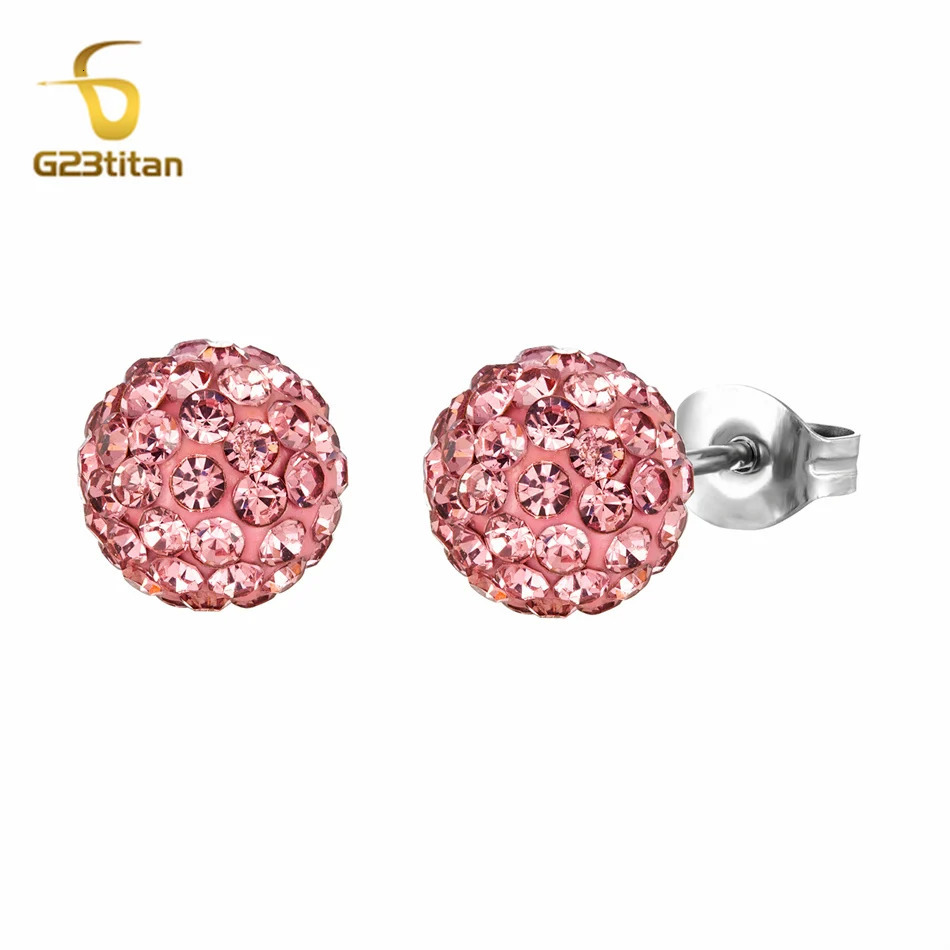 Rose Pink Crystal Clay Bead Earrings Shambhala Micro Pave Ball Hypoallergenic Ear Piercing Women Jewelry 250213