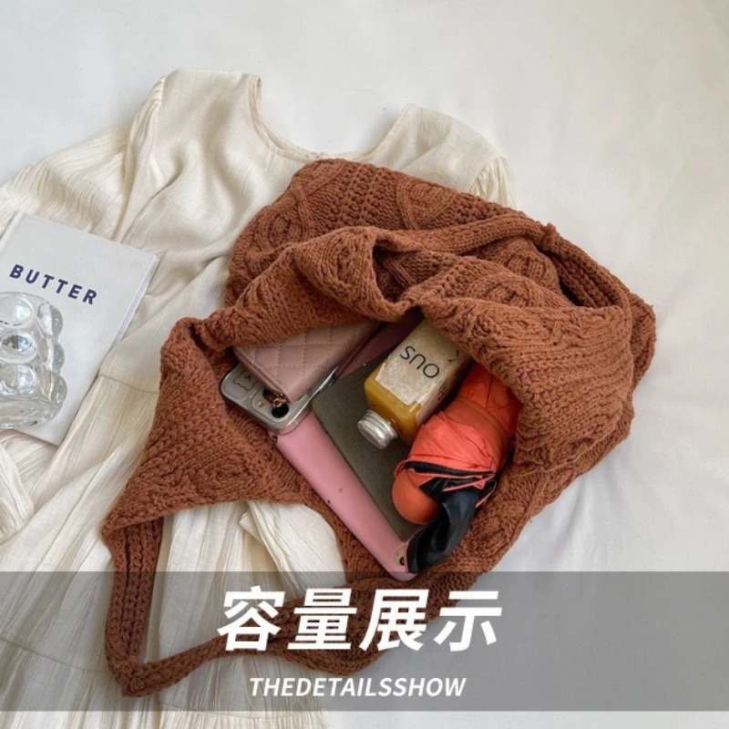 Wool Knitted Shoulder Shopping Bag for Women Vintage Cotton Cloth Girls Tote Shopper Bag Large Female Handbag Crochet Bag R250311