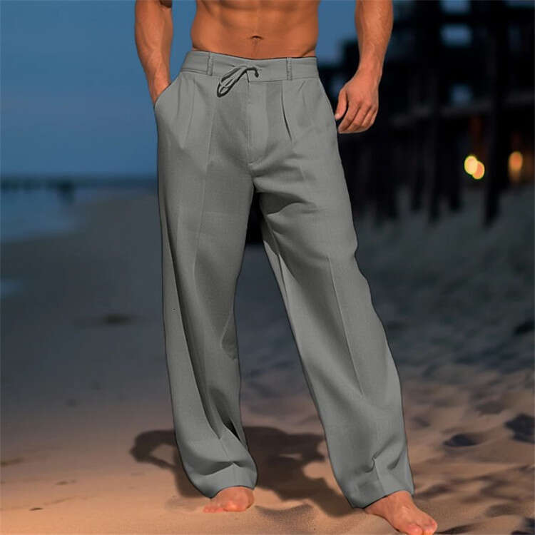 Men's en summer beach pants, front pocket, solid color, comfortable, breathable, casual, daily vacation basic style, 2025 new casual versatile fa