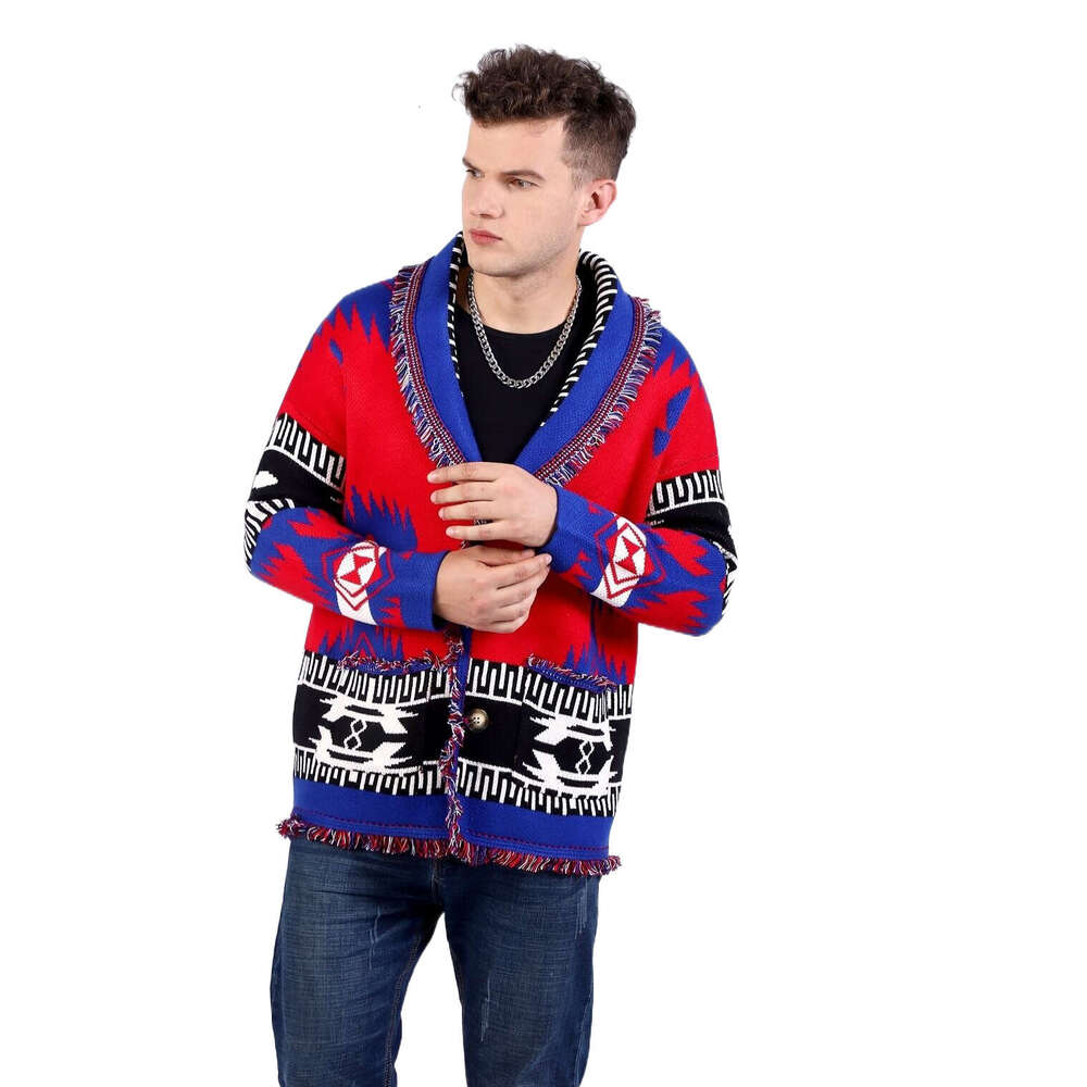 Men's Autumn And Winter New Jacquard Knitted Cardigan Ethnic Style V-Neck Loose Thick Sweater Jacket