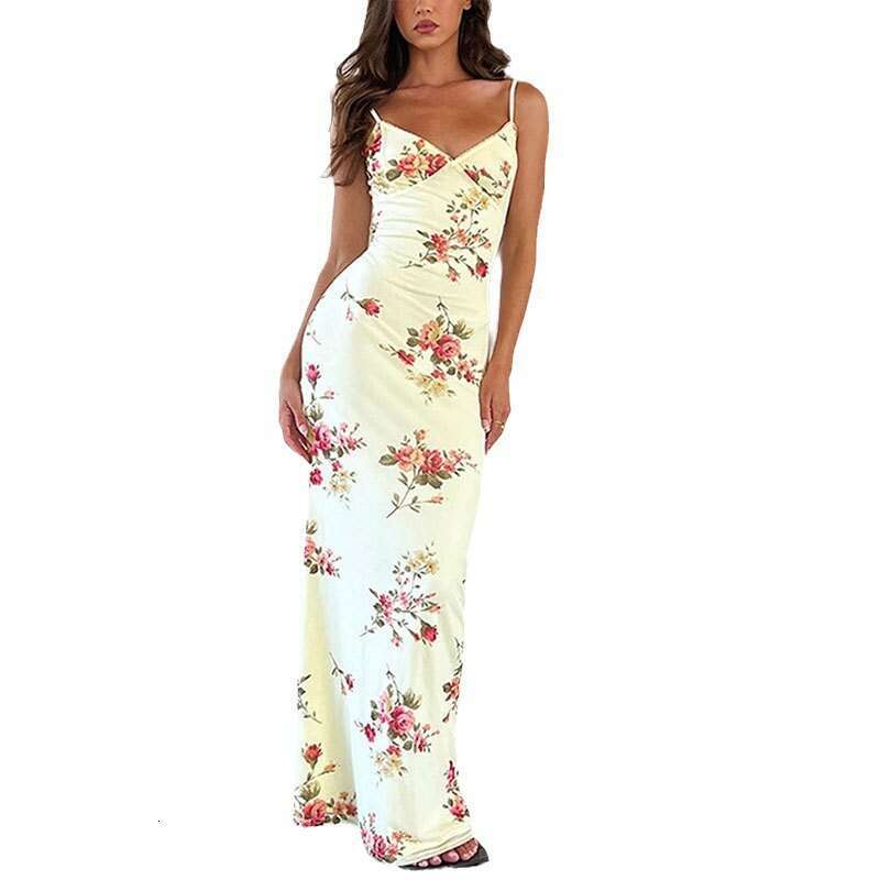 Spring 2025 Women's V-Neck Suspender Sexy Slim Fit Printed Holiday Style Long Skirt Dress KLMY