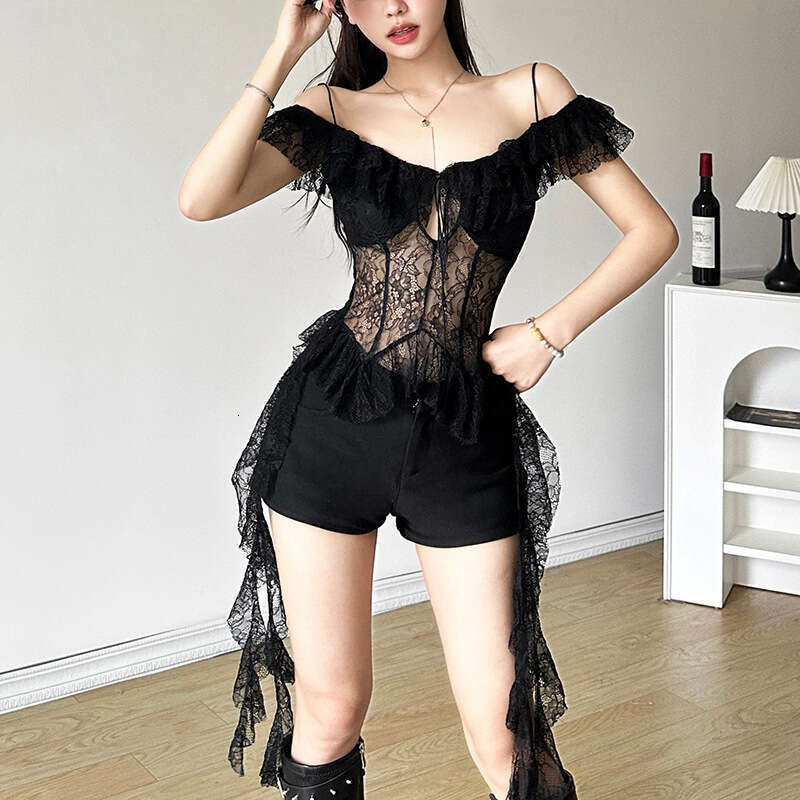 European and American style summer women's solid color slim fit hollow perspective sexy one neck suspender short sleeved top 2025 new casual vers