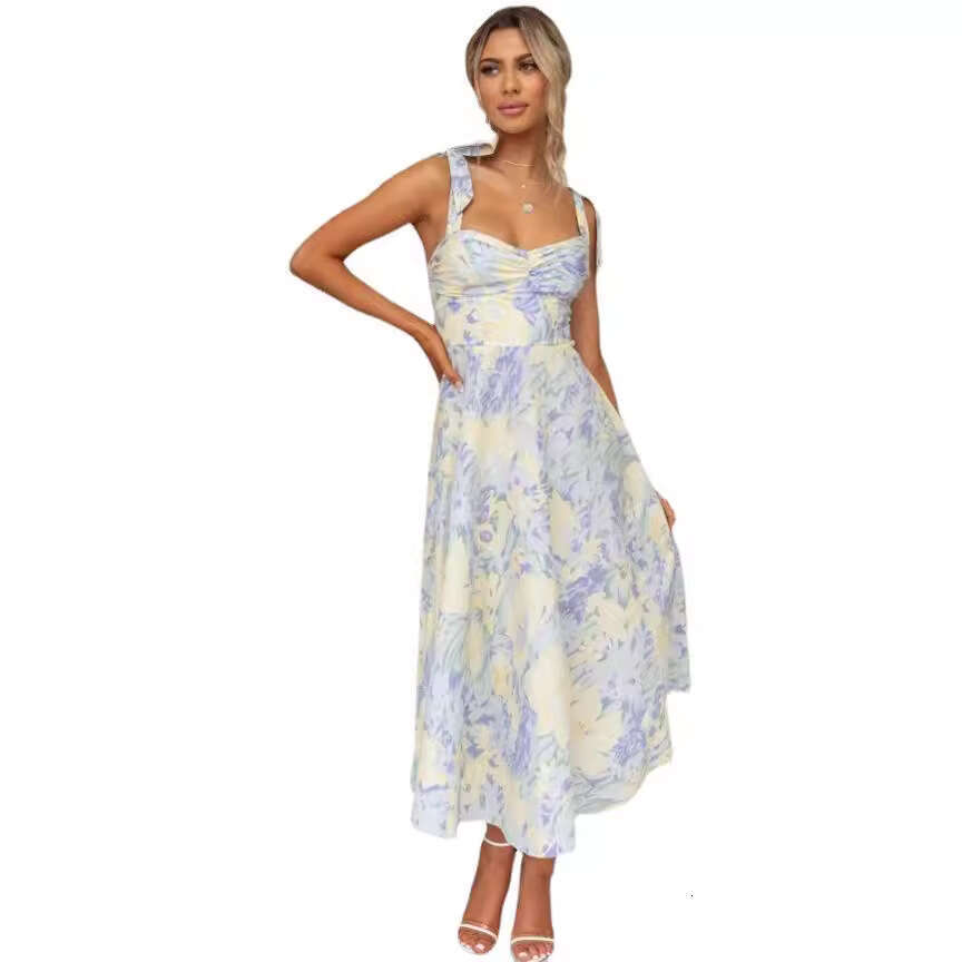 European and American slim fit slimming waist cinched V-neck suspender print medium long dress for women 2025 new style temperament chic elegant cloth