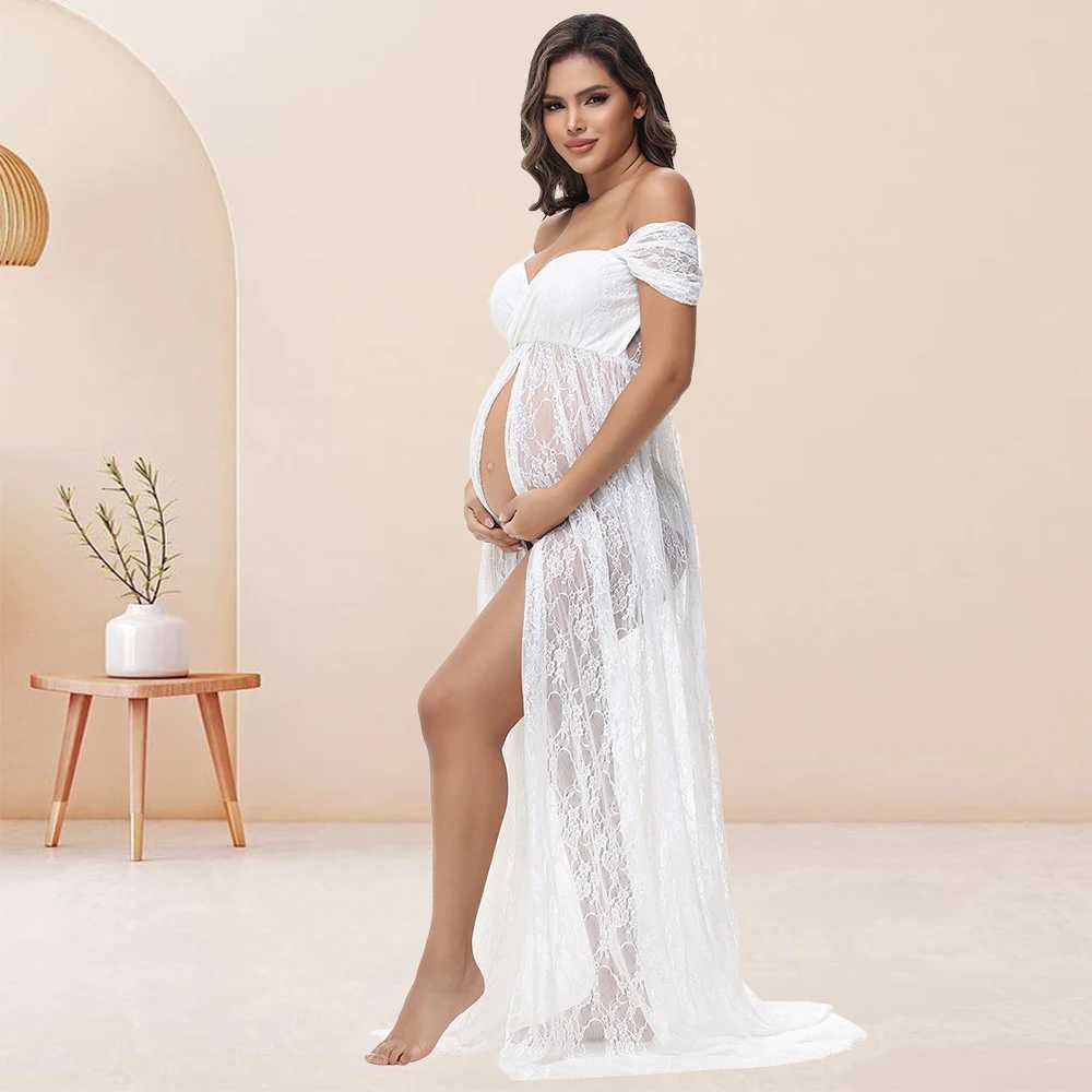 Maternity Lace Sexy Long Dress Off-Shoulder High Waist Slit For PhotoShoot Baby Shower Pregnancy Women Bohemian GownT250311