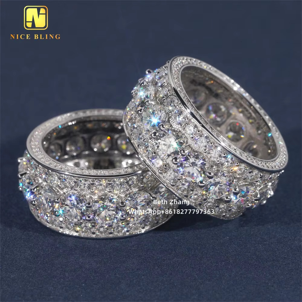 Full Iced Out 3 Rows Moissanite Diamond Wedding Bands Popular Hip Hop Men Engagement Rings 925 Silver Jewelry