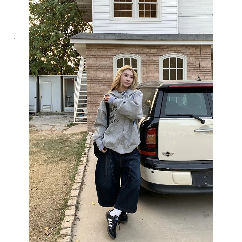 Blue Womens Jeans High Waist Vintage n Hip Hop Straight Baggy Denim Pants Street Y2K American Style Wide Leg Trouser 250311