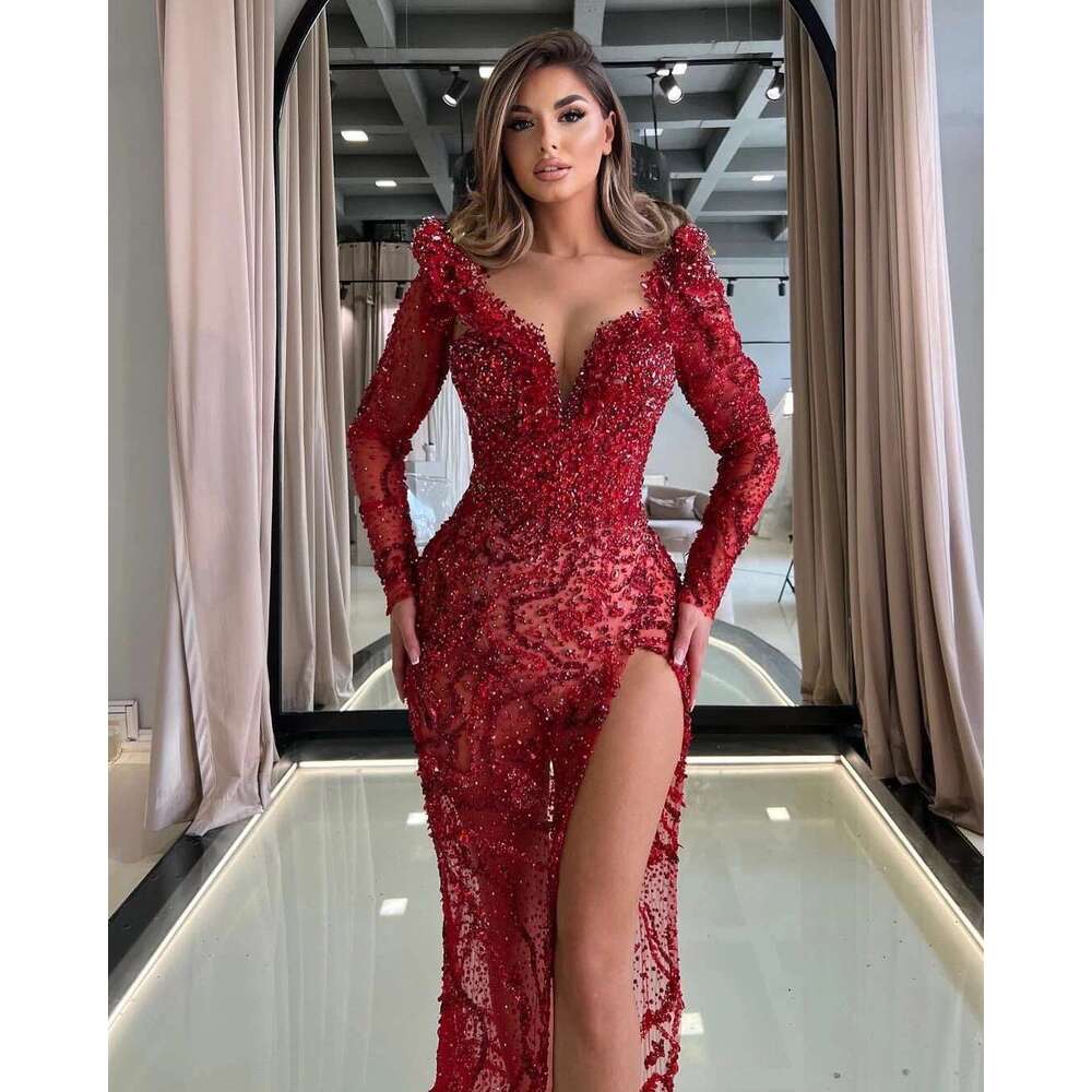 Red Mermaid Prom Dress, V-Neck Beading, Split High Side, Formal Evening Dresses