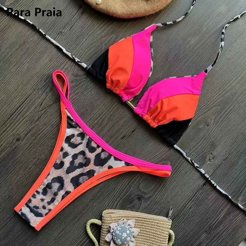 Para Praia 9 Colors Halter Brazilian Bikini Set Splicing Leopard High Cut Swimsuit Women Swimwear BandageBathing Suit 250310