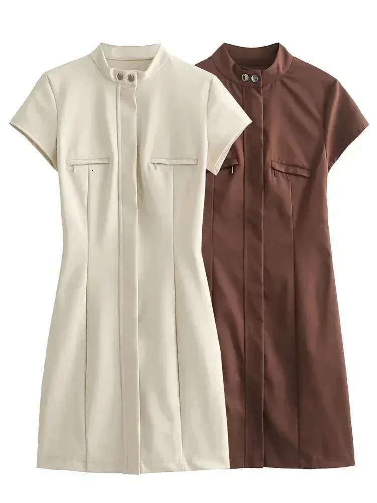Women Fashion Zip Solid Colour Patch Pocket Hollow Elegant Slim Hip With Stand-Up Collar Short Sleeve Mini Dress