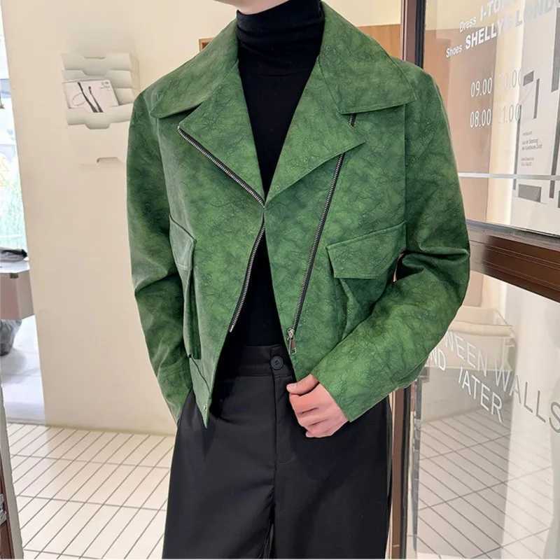 New Mens Short PU Leather Jackets Matte Tie-dyed Fashion Motorcycle Coat Hip Hop Streetwear Clothes Man Green PinkT250311