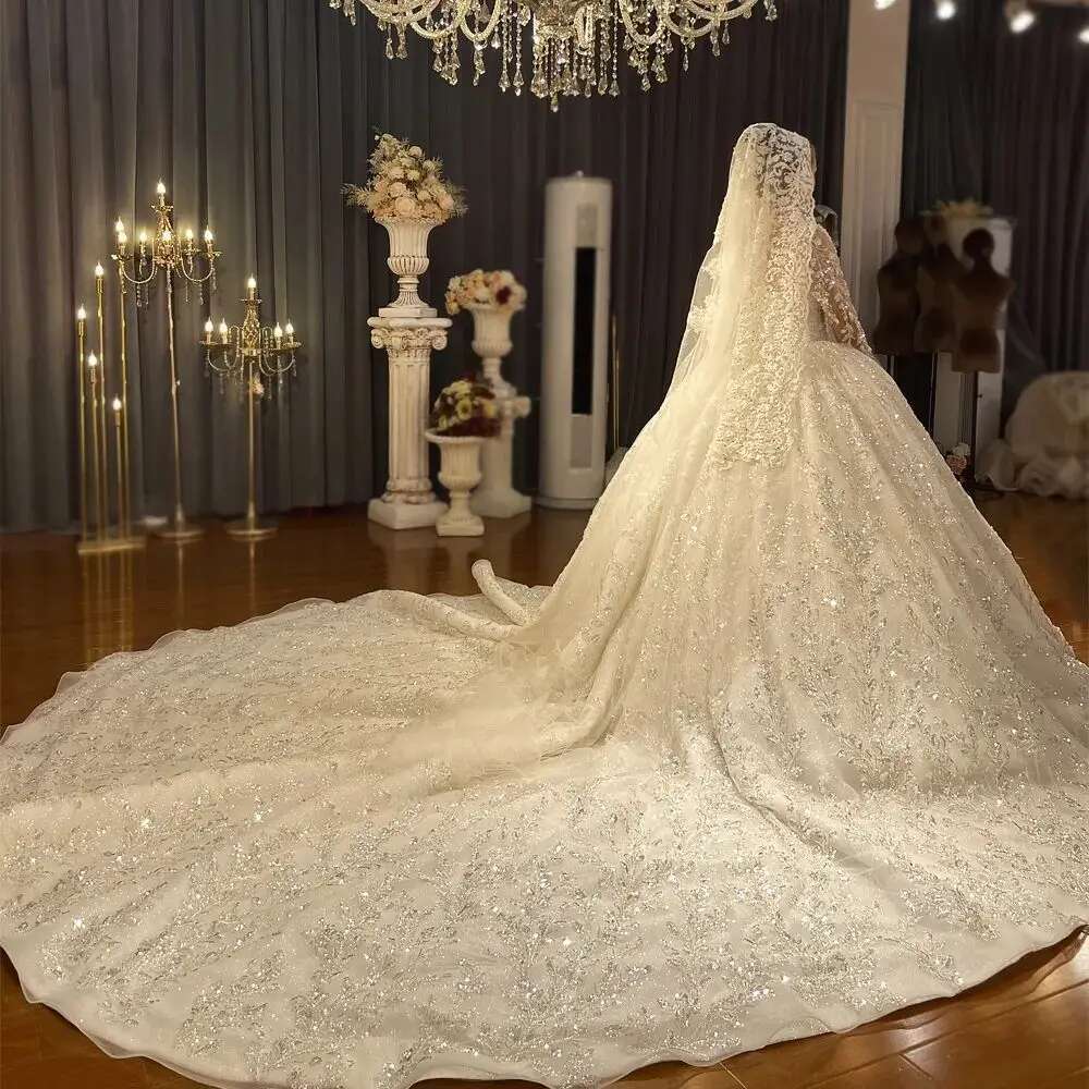 Full Sleeve Lace Arabic Wedding Dresses,uoso Sequin Ball Gown,V Neck Bridal Gown with Detachable Train,Custom Made