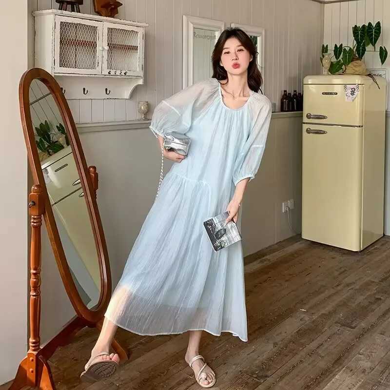 French Style Pregnant Woman Beach Dress Puff Sleeve Long Loose Maternity Sweet Holiday Dress Plus Size Ball Gown Chiffon DressesT250311