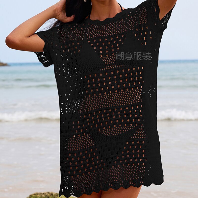 New Sexy Hollow Texture Lace Collar Loose Fitting Pullover Mid Length Vacation Sun Protection Beach Cover