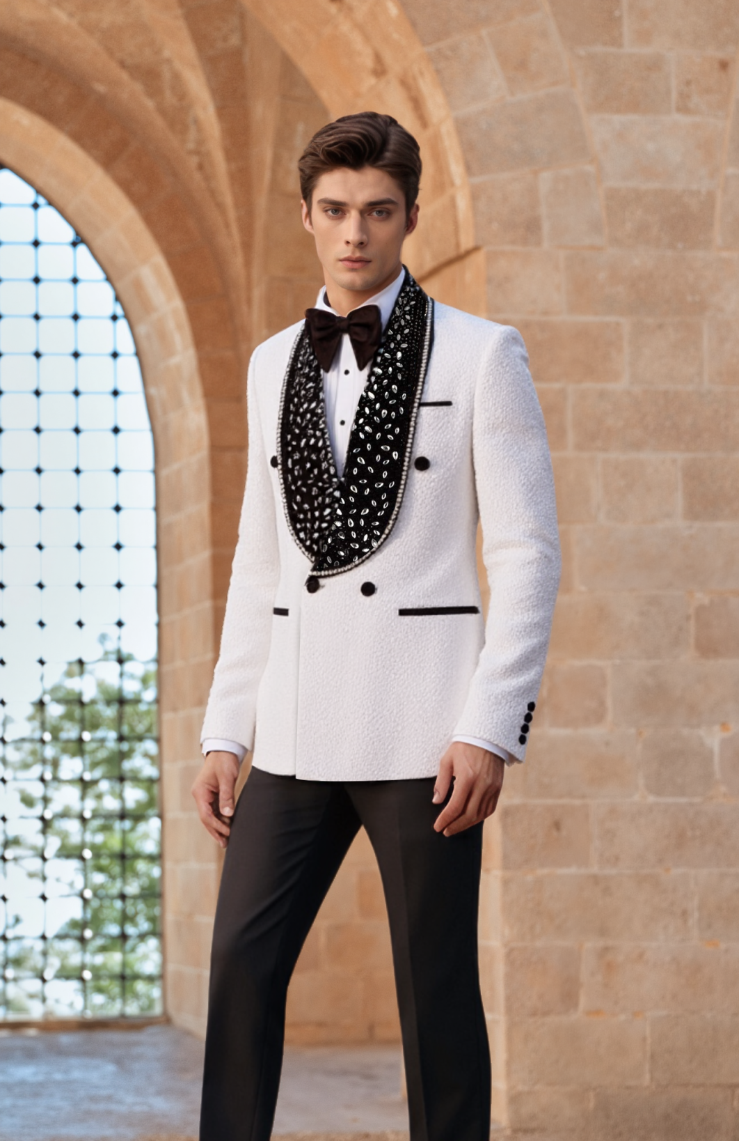 Noble Wedding Tuxedos Double Breasted Crystal Men Suit Shawl Lapel 2 Piece Set Jacket Pants Groom Business Blazers Customized
