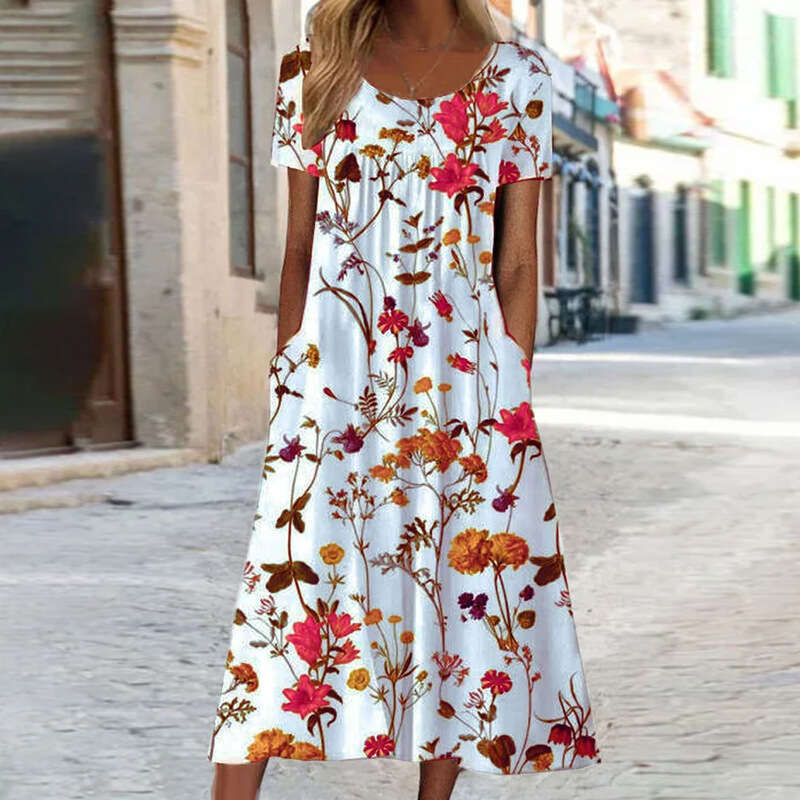Factory direct sales of loose comfortable short sleeved printed dresses women's bohemian long dresses, with a versatile and trendy new style for 