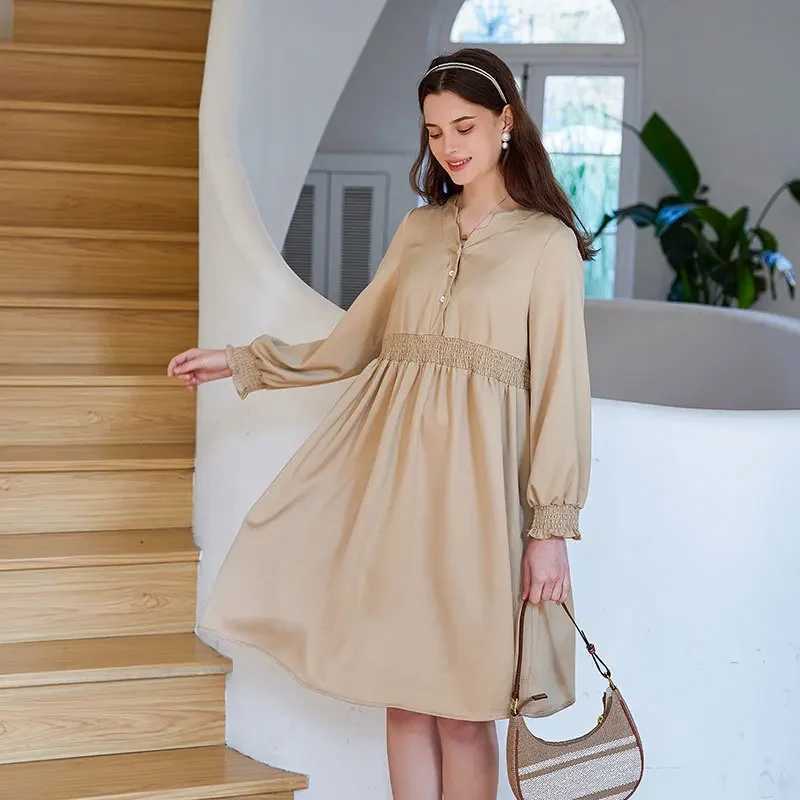 2025 New Solid Summer Women Maternity Clothing Long Sleeve High Waist Ruffle Female Pregnant Breathable Polyester Adult DressesT250311
