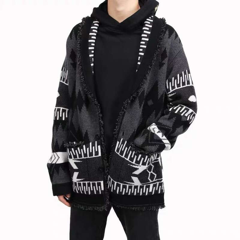 Australian New Jacquard Sweater Cardigan Autumn And Winter Classic Black Gray Lapel Ethnic Style Knitted Jacket