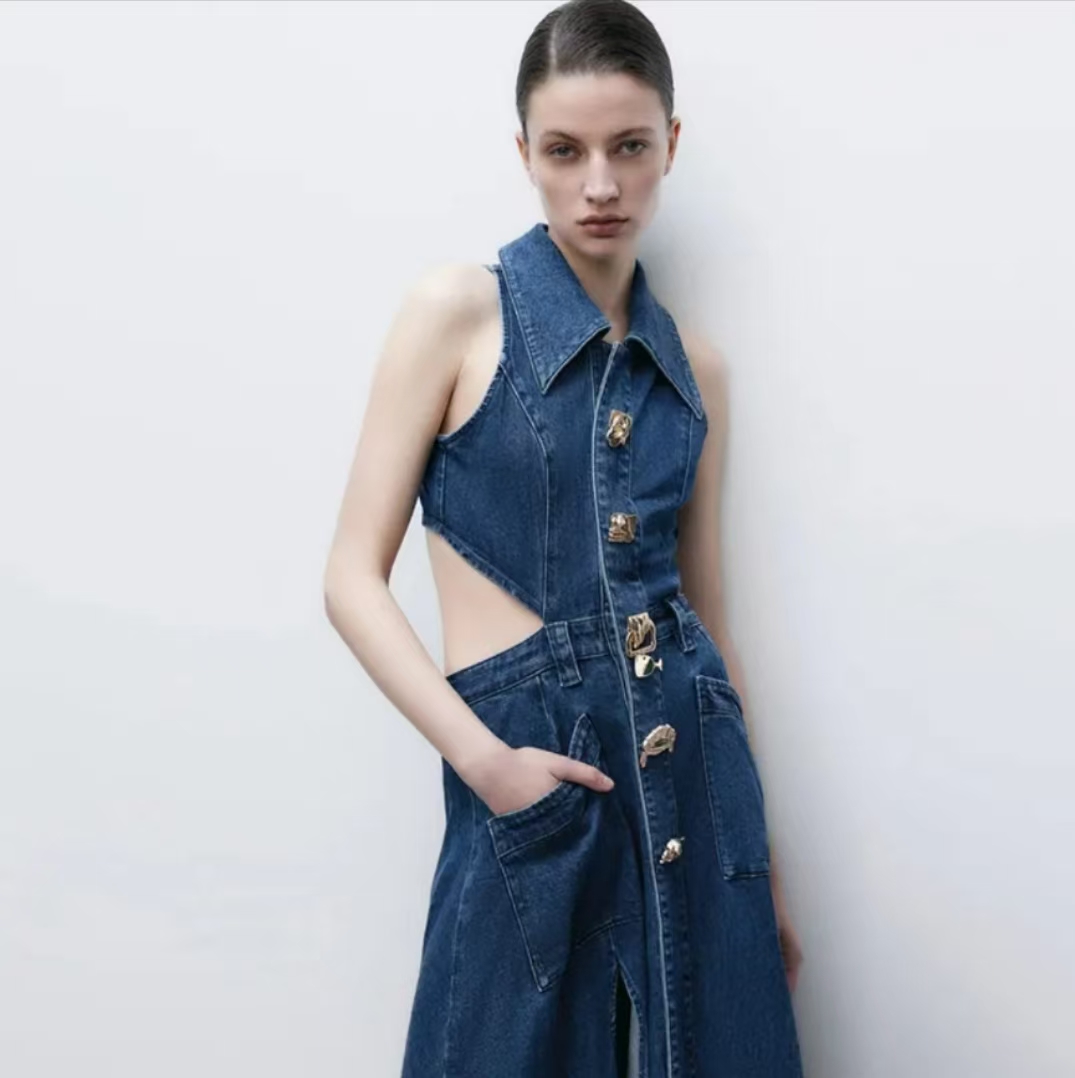 Women's Casual Denim Dresses Fashion Lapel Sleeveless Cut-Out Sides Slit with Big Pockets Women Lapel Hollowed Out Open Waist Waistband Slim Slee