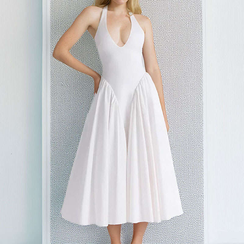 2025 Spring Women's New Sexy Fashion Hanging Neck Solid Color Sleeveless Waist Swing Dress KLMY