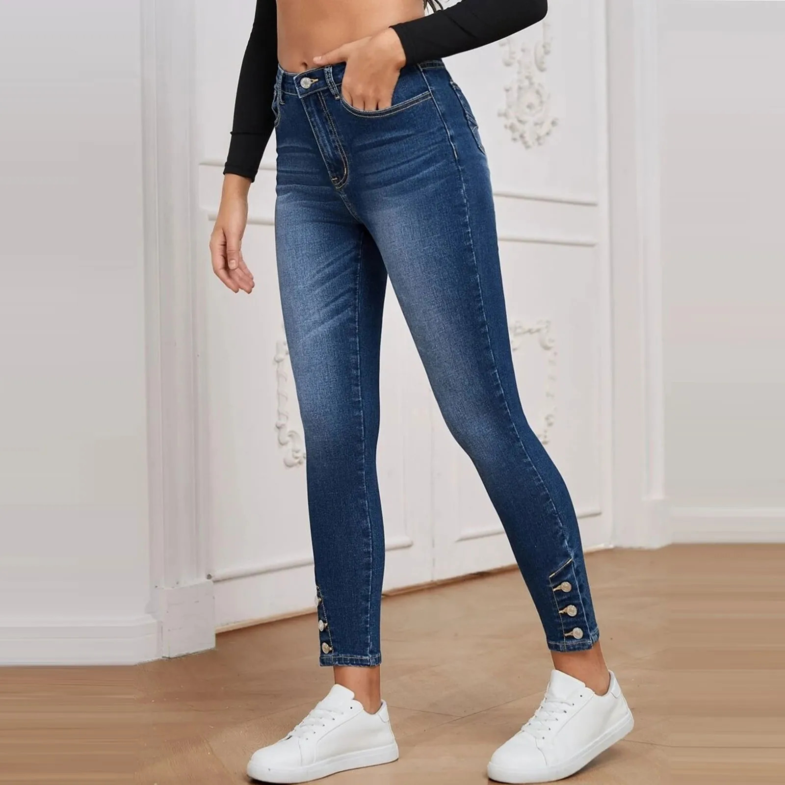 Womens Fashion Trend High Spike Buckle Tight Denim Pants Pantalones De Mujer Pantalona Feminina womens pants 250311