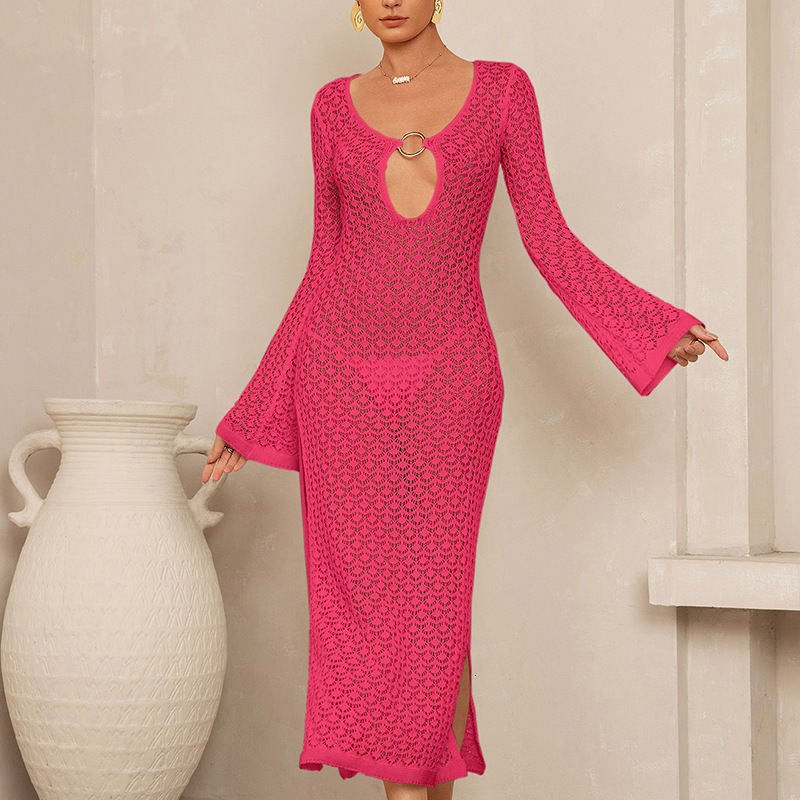 Holiday Side Split Hollow Metal Buckle V-Neck Flared Sleeve Beach Sunscreen Backless Cover Shirt Long Skirt