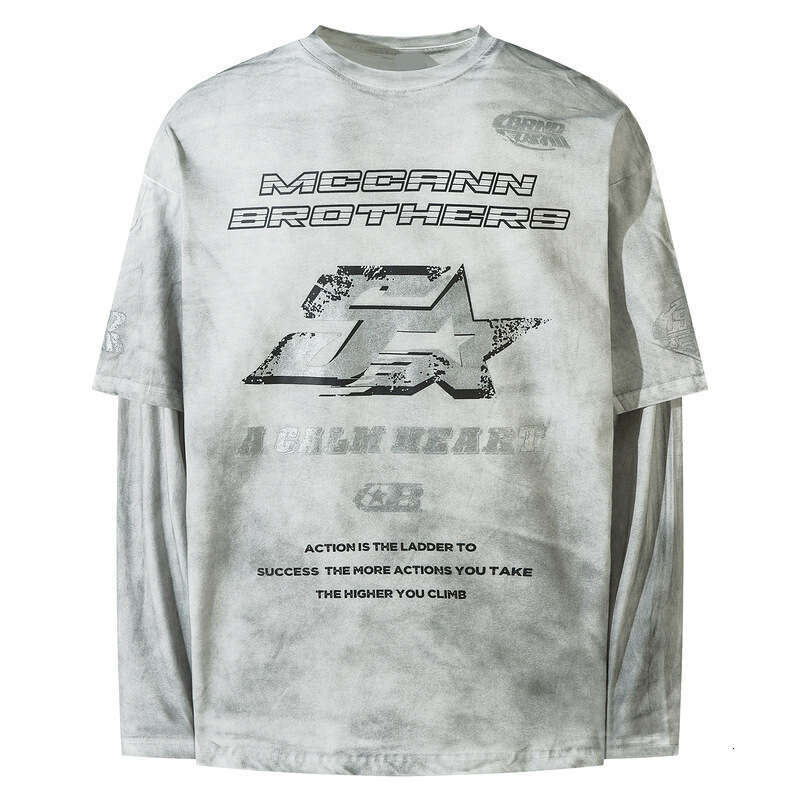 American Style Washed Old And Spray Dirty Craftsmanship, Niche Design, Fake Two Star Letter Long Sleeved T-Shirt For Men