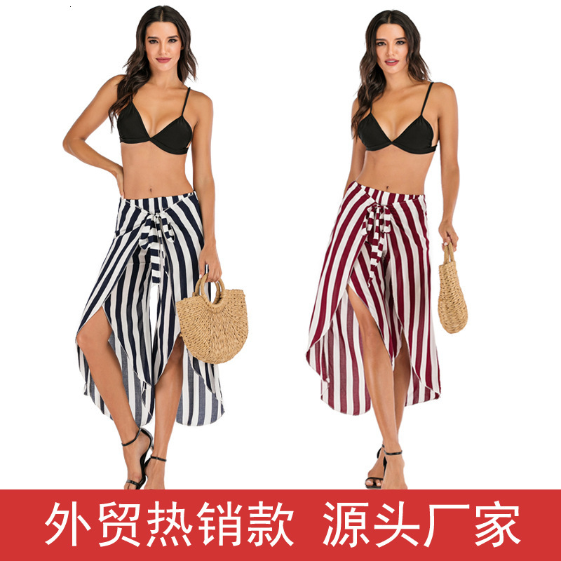 Fashion Women's Knitted Thick Vertical Stripes Loose Flowing Heart Machine Strap Seven Quarter Wide Leg Pants