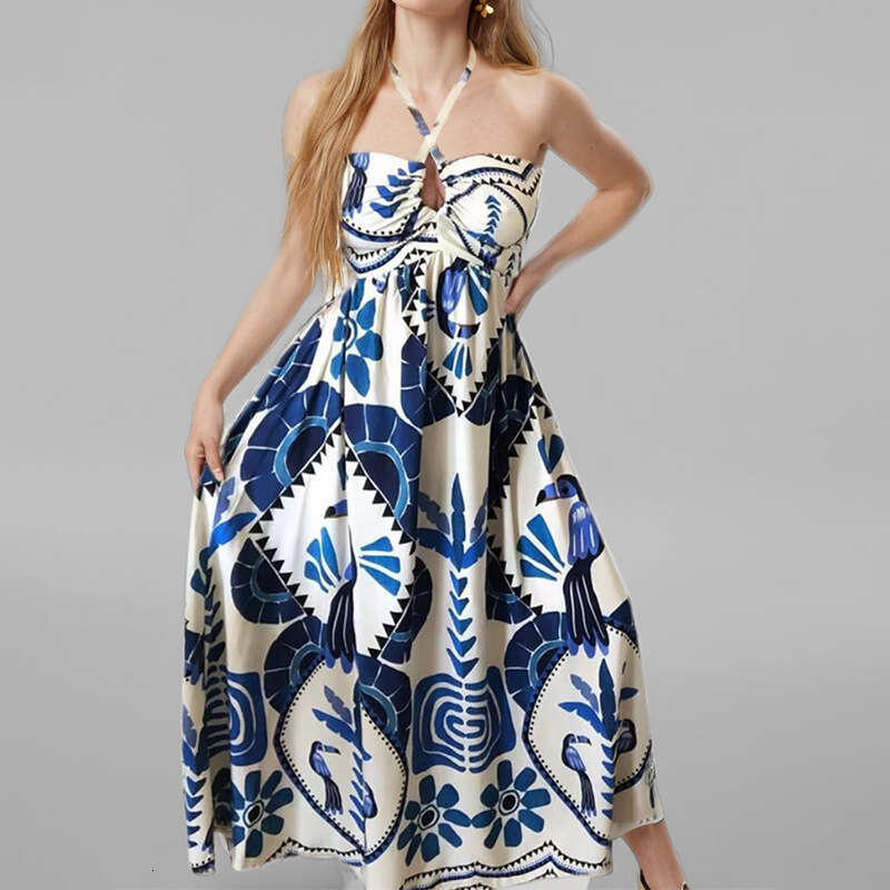 2025 Women's Elegant Printed Fashion Hollow Neck Strap Loose Spring Dress For Women KLMY
