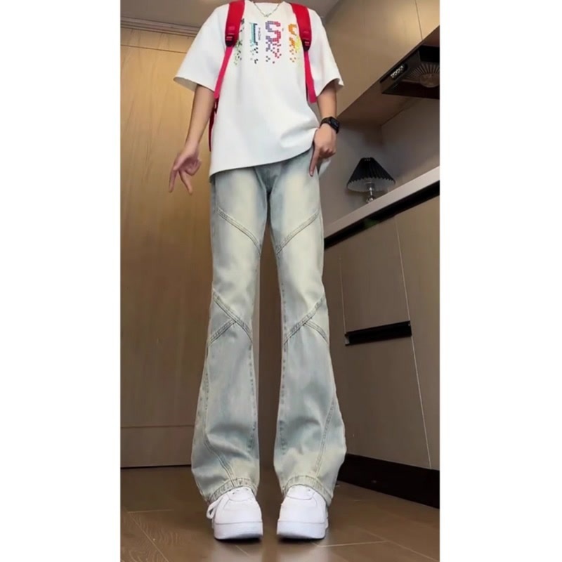 American Washed Blue Jeans Men s Fashion Designer Streetwear Versatile Splicing Trend Straight Tube Slim Fit Casual Pants 2025 New Trend