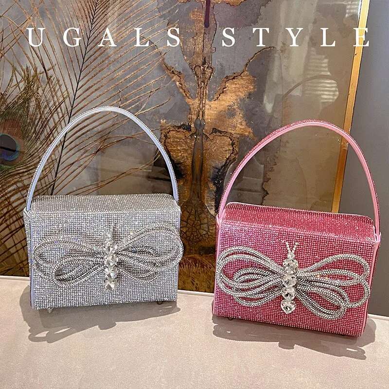 Glitter Shiny Bow-Knot Evening Rhies Dia Square Women's Handbag Wedding Party Clutch Purse Shoulder Bag