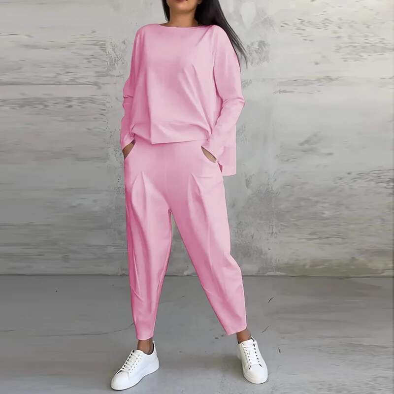 Two Piece Set For Women Long Sleeve O Neck Tops Elastic Waist Pants Solid Fashion Casual Sportswear 2025 Spring Pant Suit