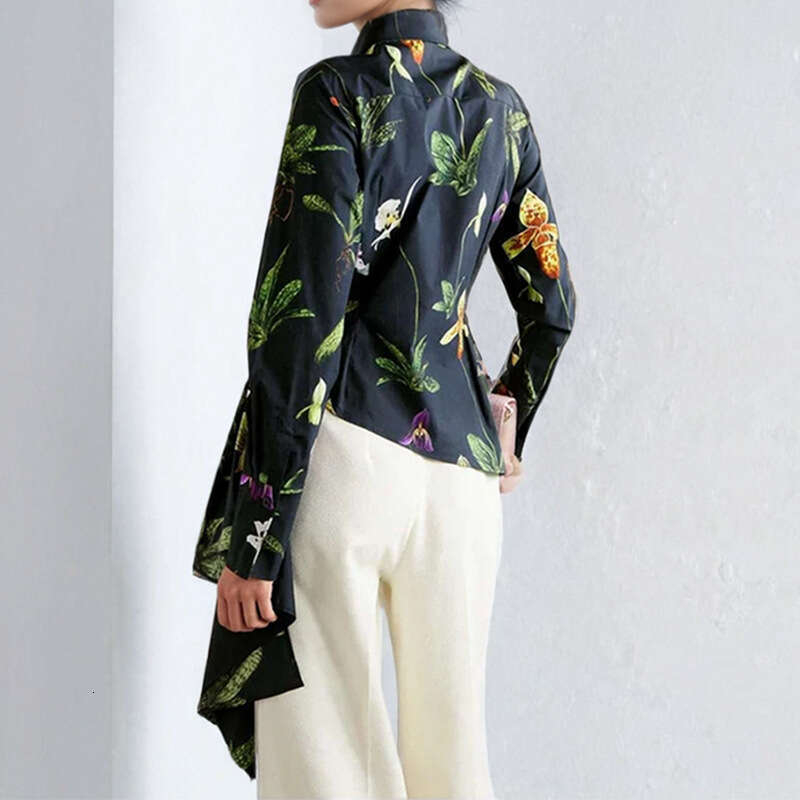 2025 Spring New Women's Fashion Printed Elegant Collar Irregular Shirt Top KLMY