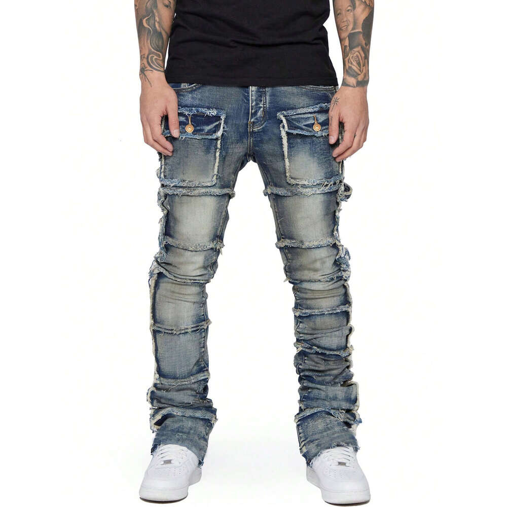 Men's workwear straight leg popular in European and American Instagram, elastic patch denim layered micro flared men's pants, 2025 new casua