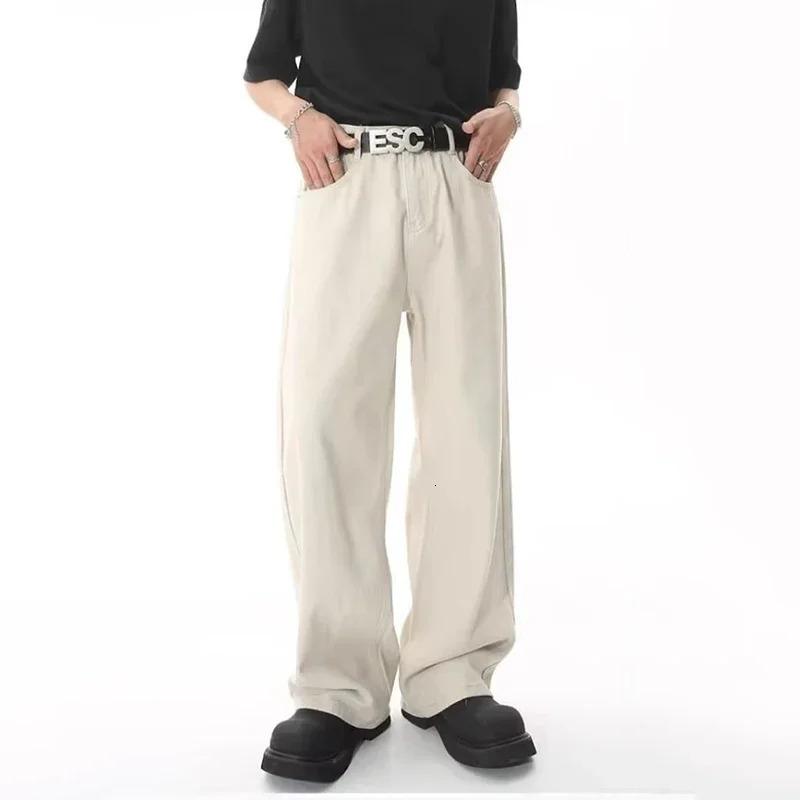 Mens Streetwear Korean Loose Straight Denim Pants Trousers Baggy Beige Jeans Fashion Casual Oversized Wide Leg 250311