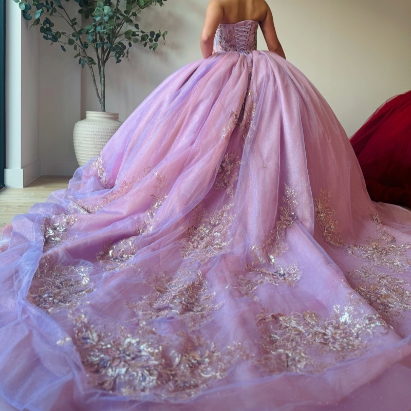 Light Lilac Shiny Off Shoulder Quinceanera Dresses Applique Lace Beads Tull Party Birthday Sweet 16 Dress Vestidos 15 De Anos