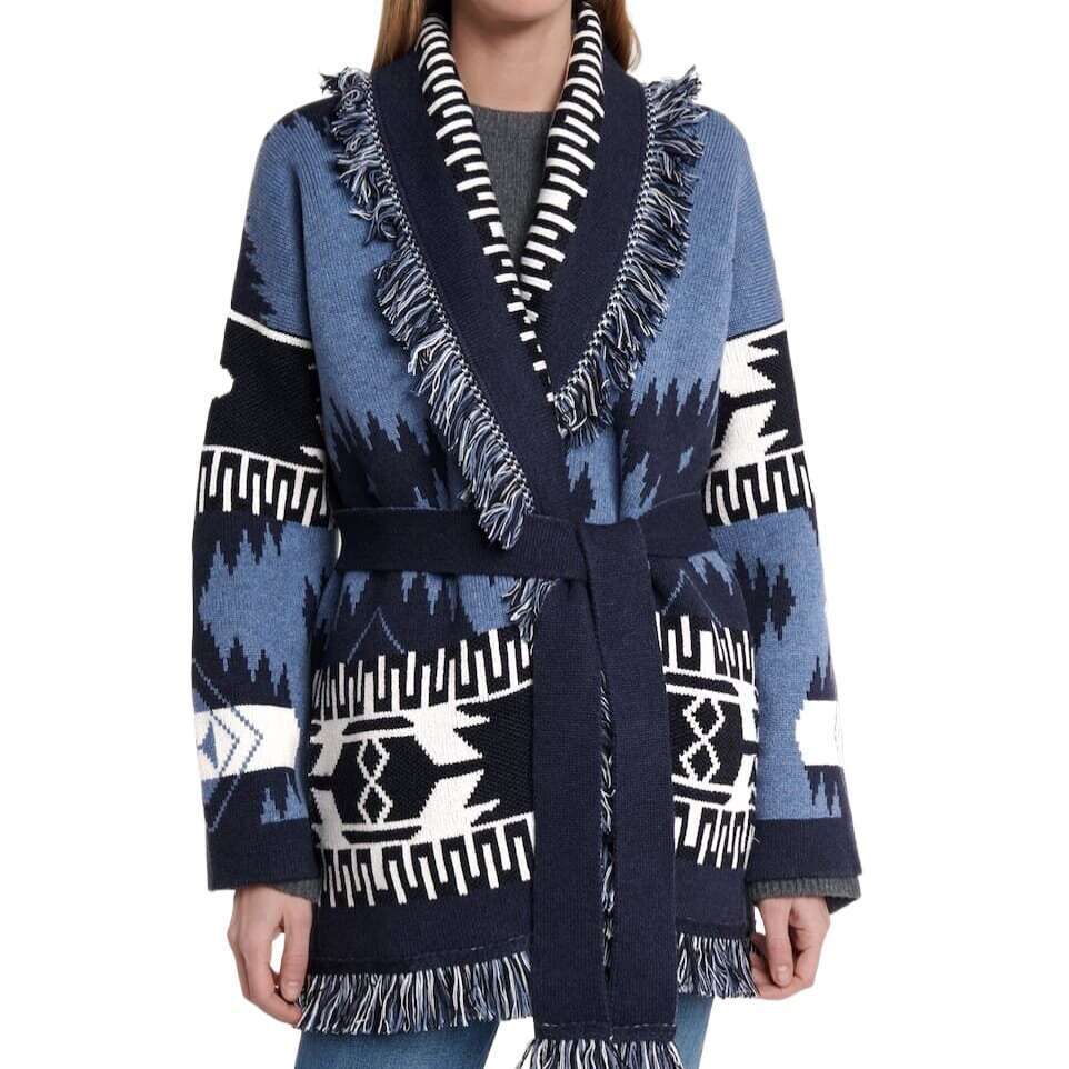 Bohemian Fringe Cardigan In Autumn And Winter, Niche Geometric Pattern, Contrasting Color Jacquard Knitted Jacket For Women