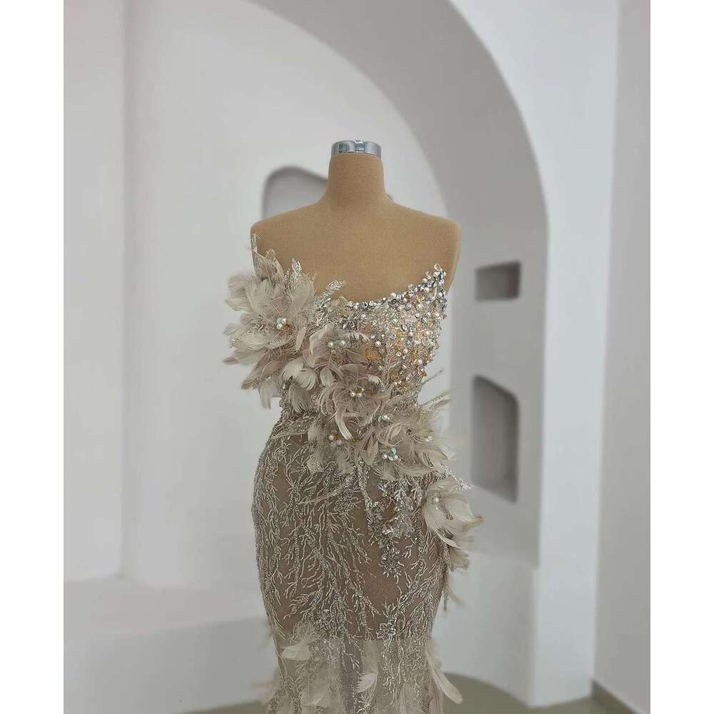 Pearl Mermaid Sexy Ball Gown Feather Strapless Formal Evening Esnte Sequins Lace Custom Party Dresses prom