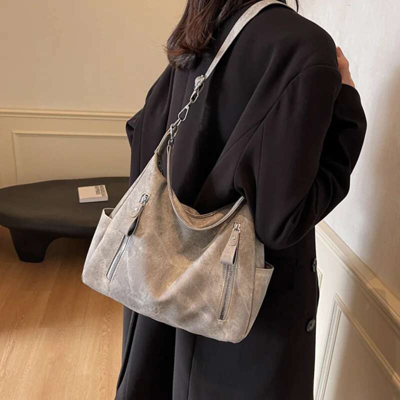 Vintage Frosted PU Leather Shoulder Bag Daily Used, Double Zipper Casual Tote Women's Crossbody Bags For Commuting
