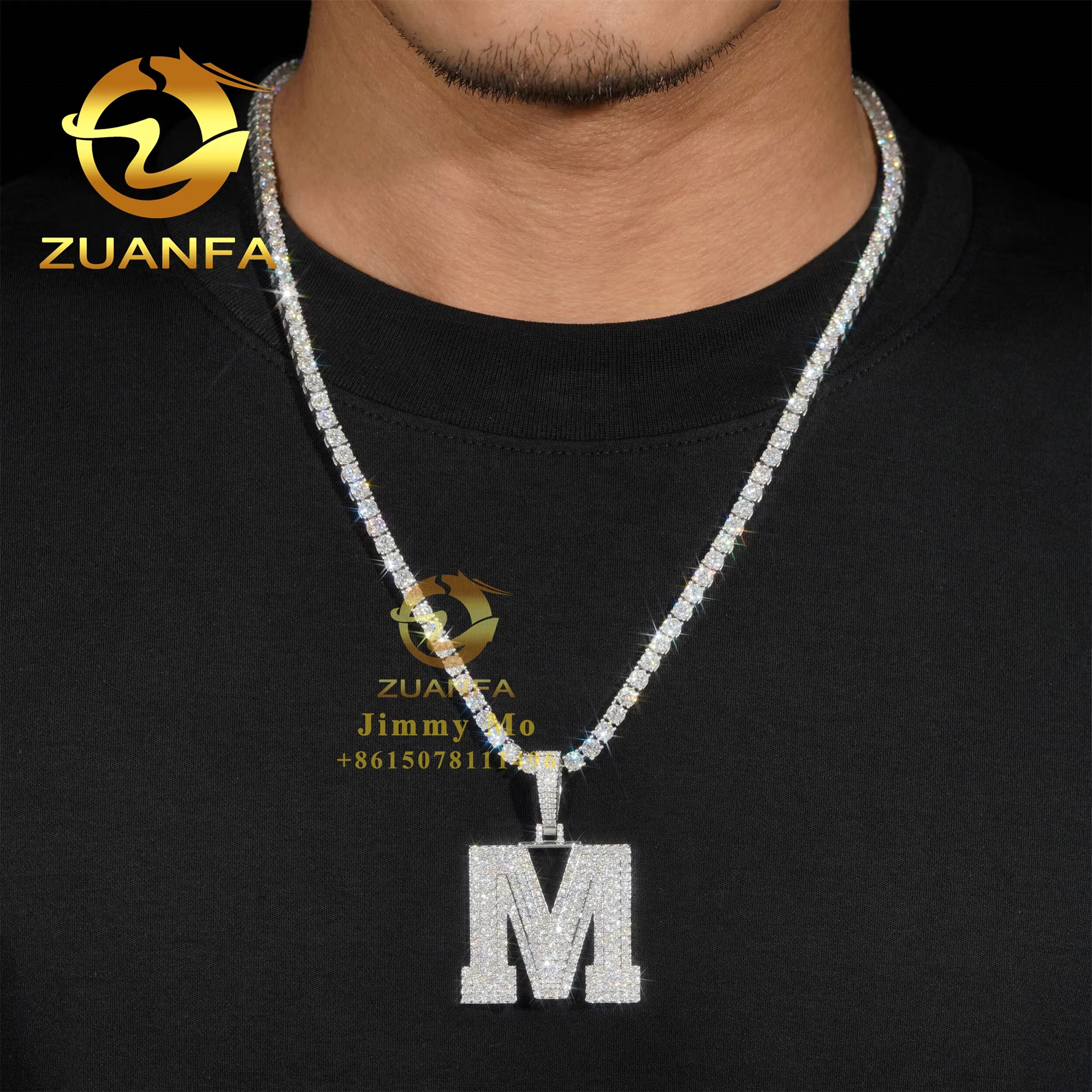 10k Real Gold New Customized Rapper Jewelry Iced Out Moissanite Necklace Pendant Hip Hop Letter M Initial Letter Pendant