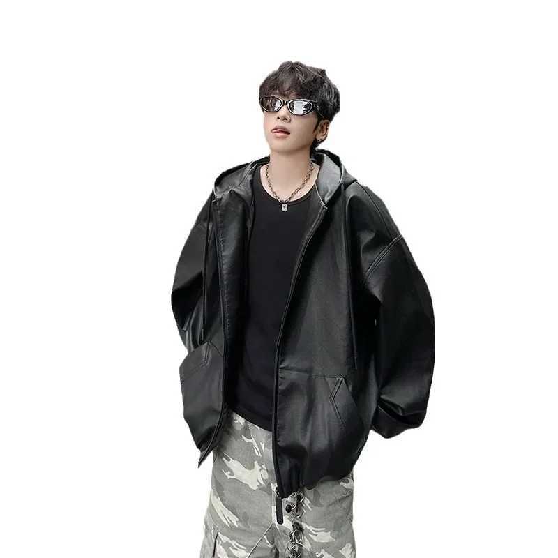 High-End Feel American Style Hooded Leather Jacket For Men Casual Loose Fit Street Motorcycle Fashion PU Leather JacketT250311