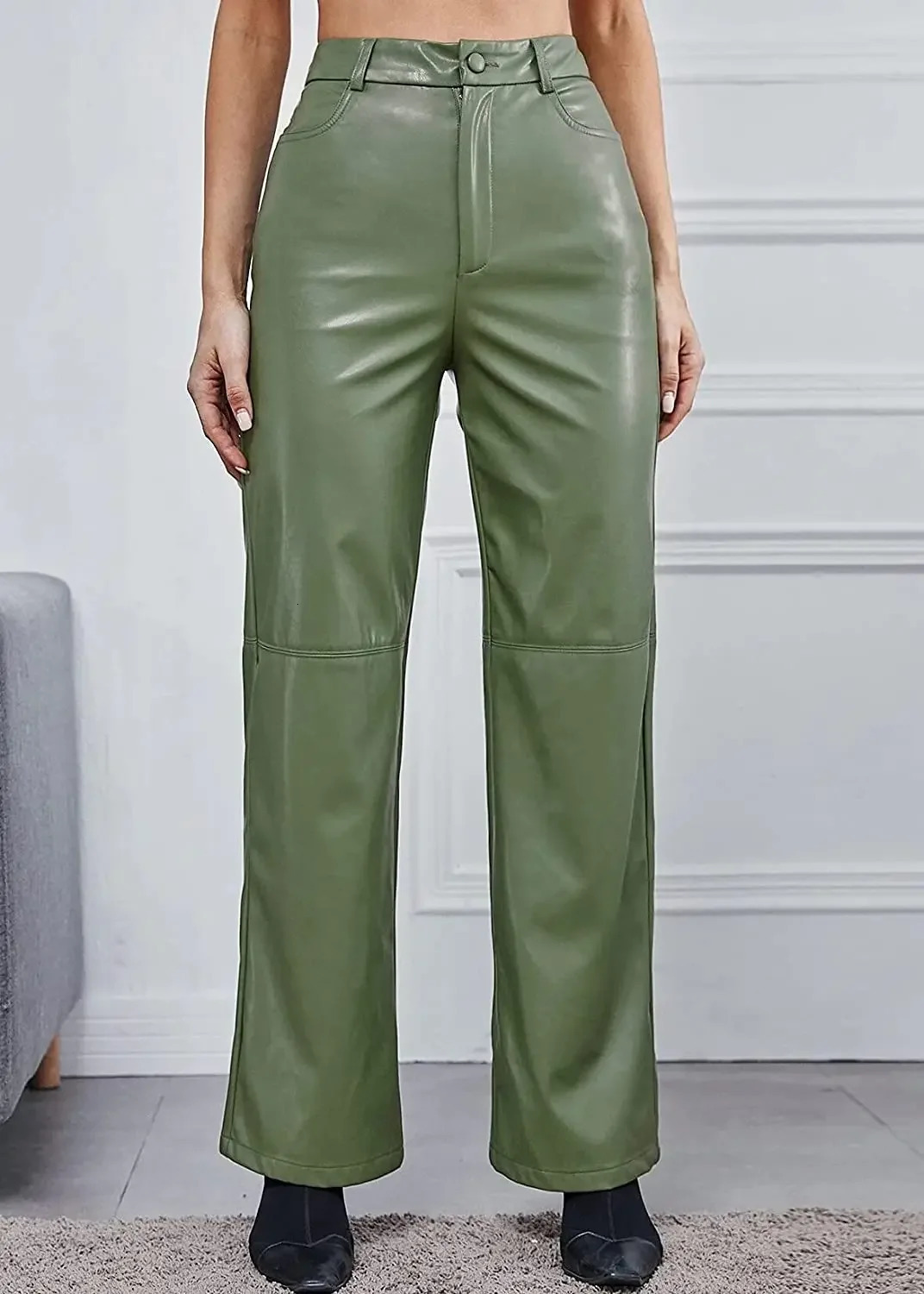 Womens Leather Pants High Waist Straight Slimming Side Pockets Solid Color Casual Party Fall Trousers Spring Autumn Clothes 250305