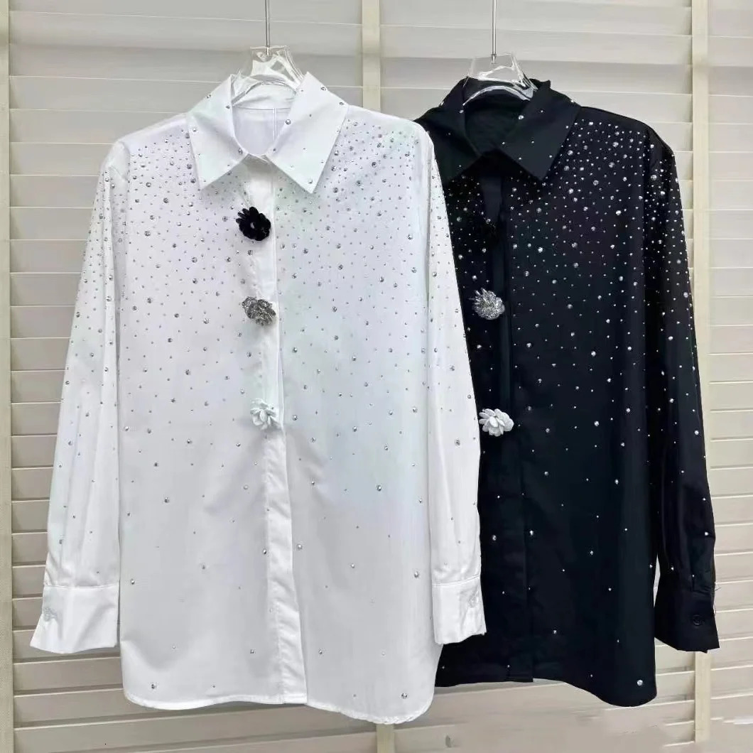 Diamond Black and White Womens Shirt Fashionable Long Sleeve Button Top Blue 250311