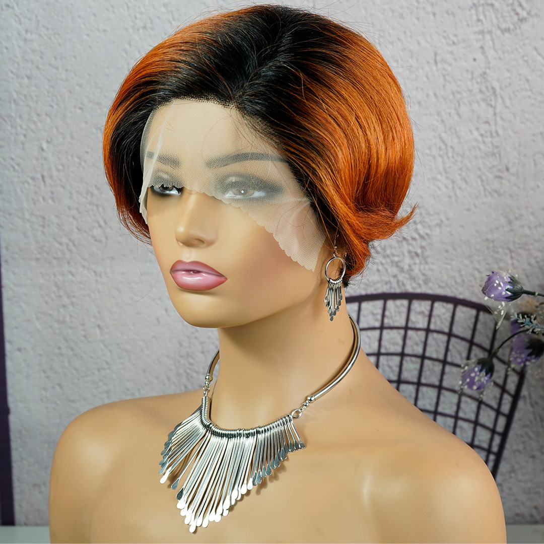8 Inch Side Part Pixie Cut Wig T Lace Front Real Human Hair Brown to Orange Ombre Perfect for a Trendy and Natural Look
