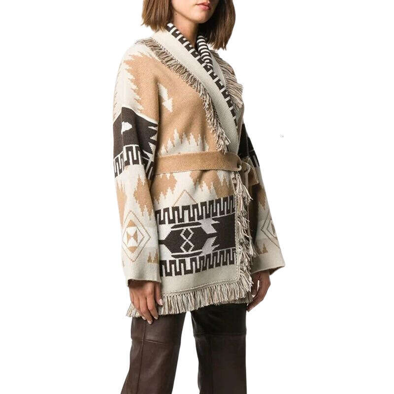 Autumn Winter Long Sleeved Wool Blended Knitted Sweater, Loose And Thick Bohemian Jacquard Cardigan Jacket