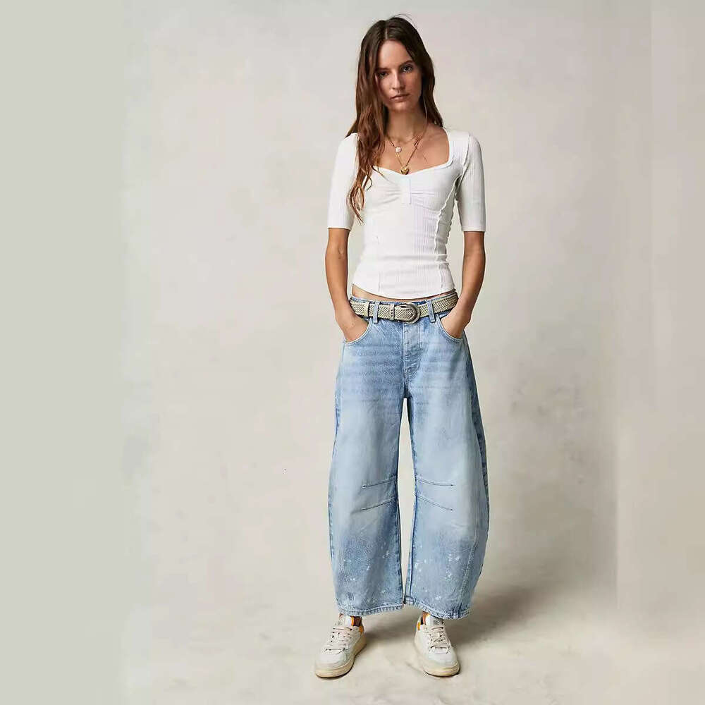 European and American fashionable women's loose wide leg mid waist washed denim pants, 2025 new casual versatile fashion clothing