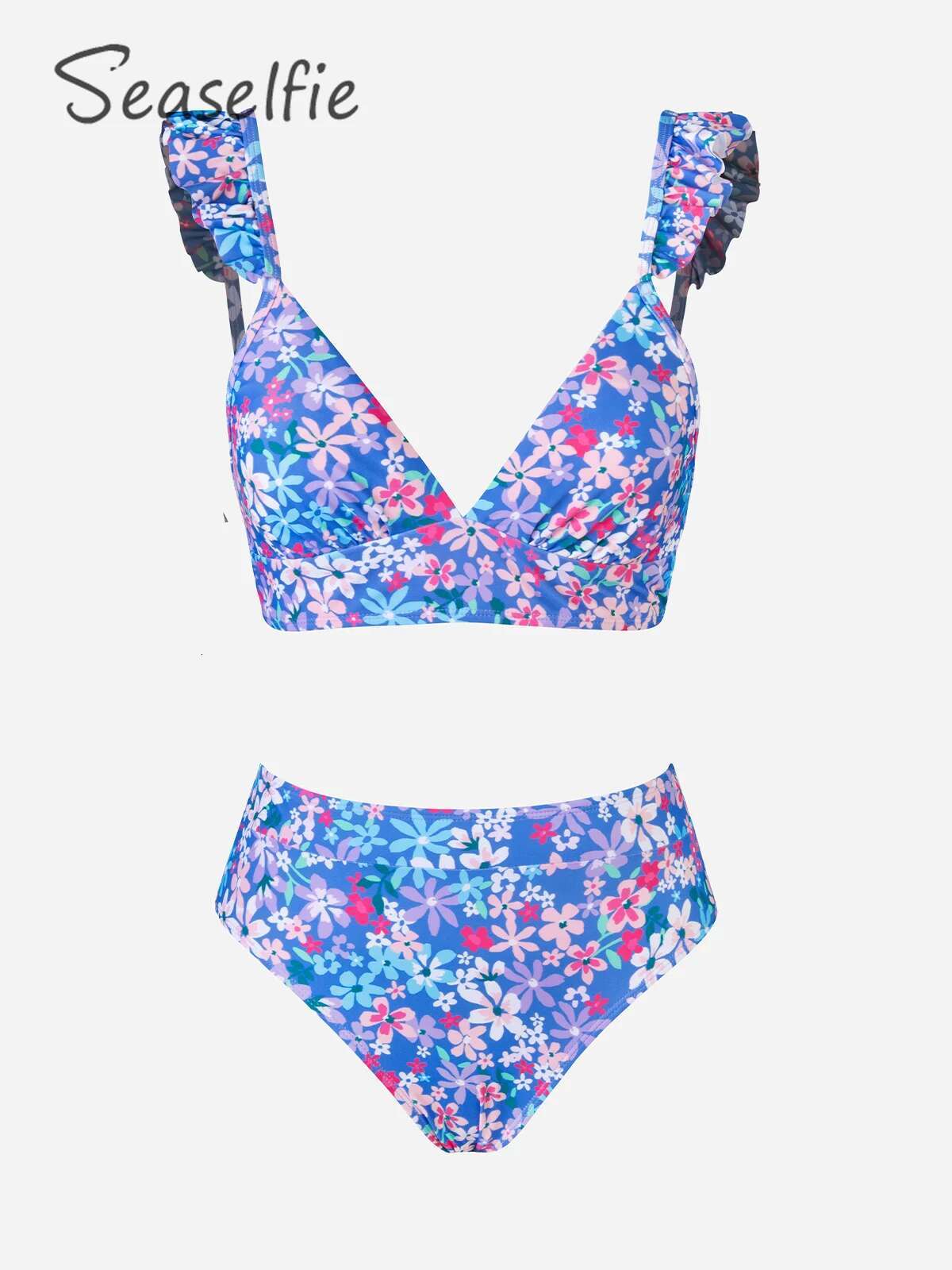 SEASELFIE Blue Ral Ruffled High Waist Bikini Sets Swimsuit For Women Sexy V-Neck Two Pieces Swimwear 2023 Beach Bathing Suit