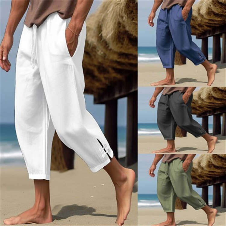 Men's en summer beach solid color comfortable and breathable split legs, daily vacation pants, 2025 new casual fashion trend clothing